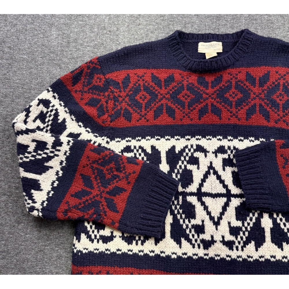 American Eagle Fair Isle Sweater Mens Sz L Lambs Wool Chunky Knit Nordic Cabin - Picture 1 of 13